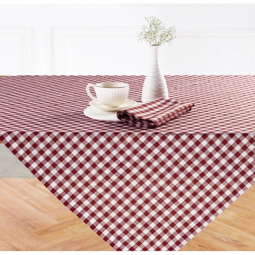 Solino Home Burgandy Gingham Check 100% Linen  Table Throw 52x52